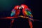 Two red macaws parrots, in love with each other, settled on a lush tree branch. Generative AI