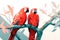 Two red macaws parrots, in love with each other, settled on a lush tree branch. Generative AI