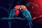 Two red macaws parrots, in love with each other, settled on a lush tree branch. Generative AI