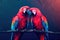 Two red macaws parrots, in love with each other, settled on a lush tree branch. Generative AI