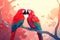 Two red macaws parrots, in love with each other, settled on a lush tree branch. Generative AI