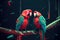 Two red macaws parrots, in love with each other, settled on a lush tree branch. Generative AI