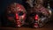 two red masks sitting on top of a wooden table next to vases