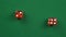 Two red roll dices and stops on the table with 2 and 4 in slow motion.