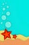 Two red sea stars on sandy bottom of the sea underwater world with bubbles 3D illustration