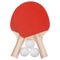 Two red table tennis rackets and three white balls, set for playing ping pong, on a white background
