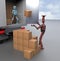 Two retro Robots with Shipping Boxes load in truck Render 3d