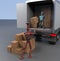 Two retro Robots with Shipping Boxes load in truck Render 3d