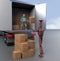 Two retro Robots with Shipping Boxes load in truck Render 3d