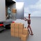 Two retro Robots with Shipping Boxes load in truck Render 3d