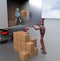 Two retro Robots with Shipping Boxes load in truck Render 3d