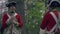 Two Revolutionary War British soldiers speak in forest