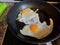 Two rganic free range eggs cooked sunny side up in a non-stick high quality pan