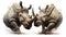 Two rhinoceros bulls fighting each other isolated on white created with Generative AI