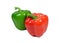 Two ripe bell peppers, green and red, with stem isolated on white