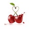 Two ripe cherries on a white background, delicious food, vitamins. 3D effect. Vector illustration. EPS10