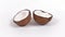 Two ripe coconut halves with yummy pulp rotating on white isolated background. Loopable seamless