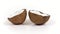 Two ripe coconut halves with yummy pulp rotating on white isolated background. Loopable seamless