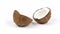 Two ripe coconut halves with yummy pulp rotating on white isolated background. Loopable seamless