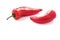 Two ripe red peppers on white background, isolated. Produce product, agriculture industry. Copy space