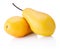 Two ripe yellow pear fruits on white background