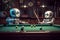two robot friends playing pool billiard table game together, Generative AI