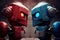 two robots, one red and the other blue, stare each other down in intense battle