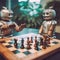 Two robots playing chess on a table. Generative AI image.