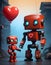 Two robots posing with a red heart balloon for a photograph