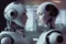 Two robots talking, technology communication. Machine learning, generative ai