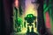 Two robots walk through a narrow alley illuminated by neon green lights. illustration painting