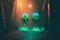 Two robots walk through a narrow alley illuminated by neon green lights. illustration painting