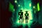 Two robots walk through a narrow alley illuminated by neon green lights. illustration painting