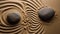 two rocks on sand with a wave pattern ,Japanese zen garden wallpaper