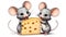 Two rodents sharing a piece of cheese with their noses touching