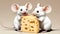 Two rodents sharing a piece of cheese with their noses touching