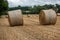 Two rolled up hay bales sitting in a field with others in the background