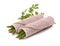 Two rolls of York ham stuffed with wild asparagus and a sprig of parsley