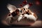 two romantic dogs sleeping on a red heart-shaped pillow, heart icons flying around