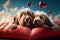 Two romantic dogs sleeping on a red heart-shaped pillow, heart icons flying around. Generative AI
