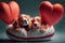 two romantic dogs sleeping on a red heart-shaped pillow, heart icons flying around. Generative AI