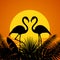 Two romantic flamingos silhouettes with tropical leaves background