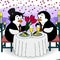 two romantic penguins drink champagne in a restaurant on valentines roses and a fish