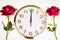 Two romantic red rose border and wall clock white background