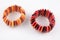 Two round wood bracelet colorful red and orange homemade jewelry
