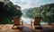 Two Rustic Wooden Chairs on a Serene Wooden Dock Overlooking the Water