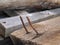 Two rusty curved nails in wood plank