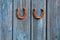 Two rusty luck symbol horseshoe on old wooden farm wall
