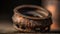 two rusty metal rings sitting on top of a wooden table next to a cup of coffee on a wooden table top with a blurry background