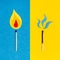 Two safety matches on colorful paper background.
